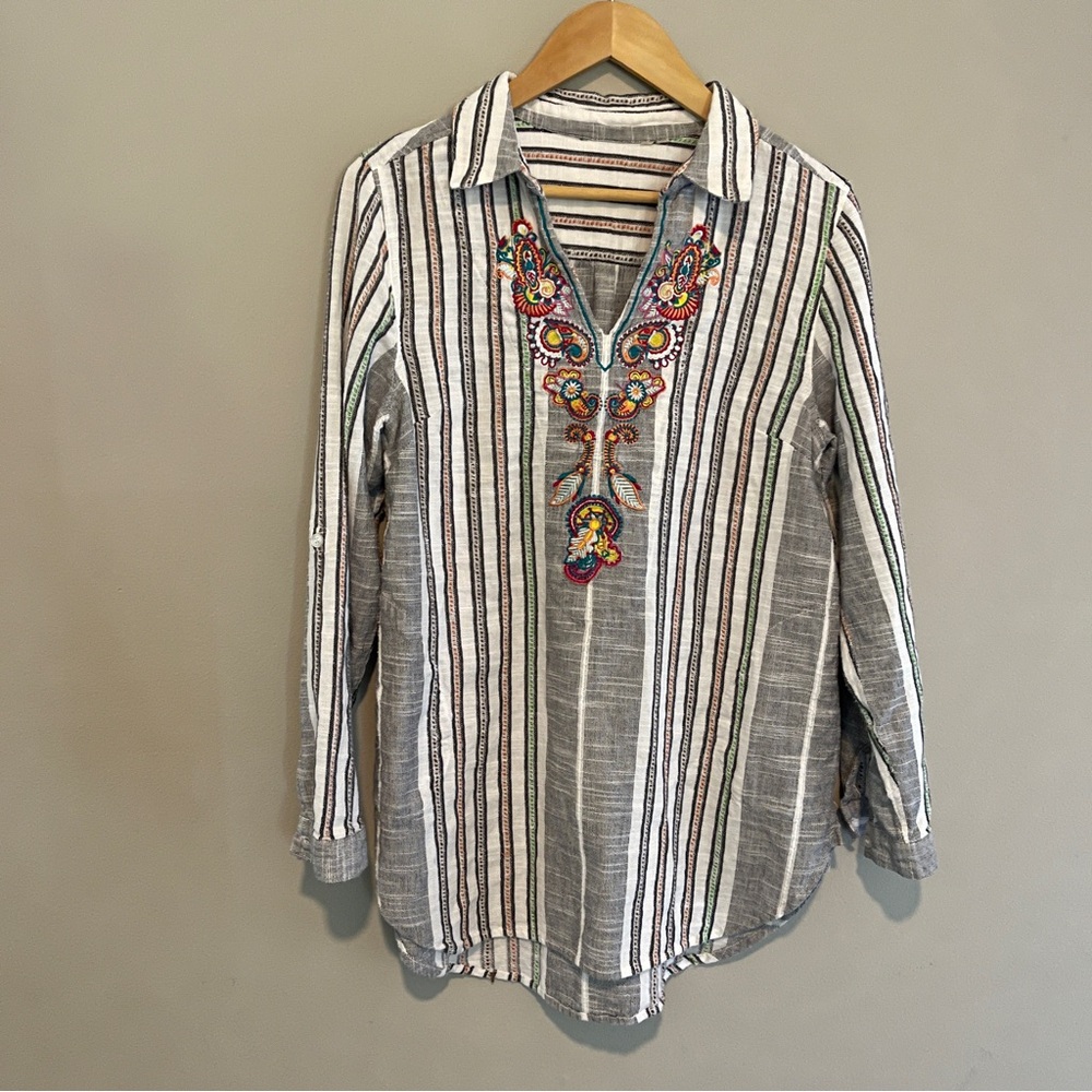 Soft Surroundings Aruba Embroidered Striped Cotton Tunic Top Size Small